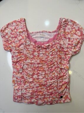 Justice Girls Floral Ruched Top Size XS 5/6 Pink Puff Sleeve Cottagecore Shirt